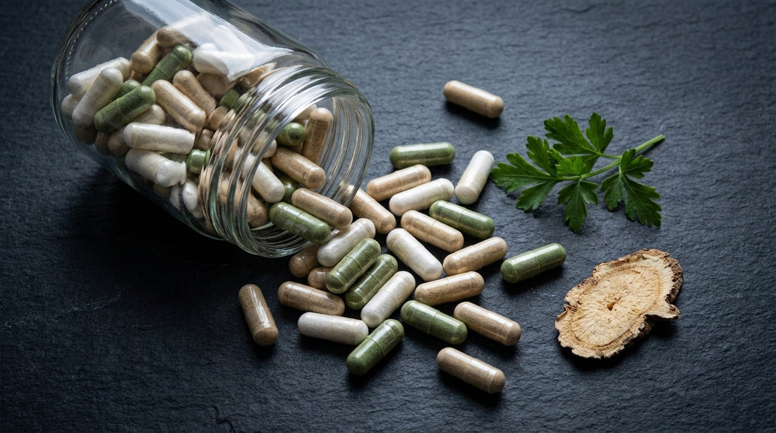 Open glass jar with mixed nootropic supplement capsules spilling onto a dark stone surface