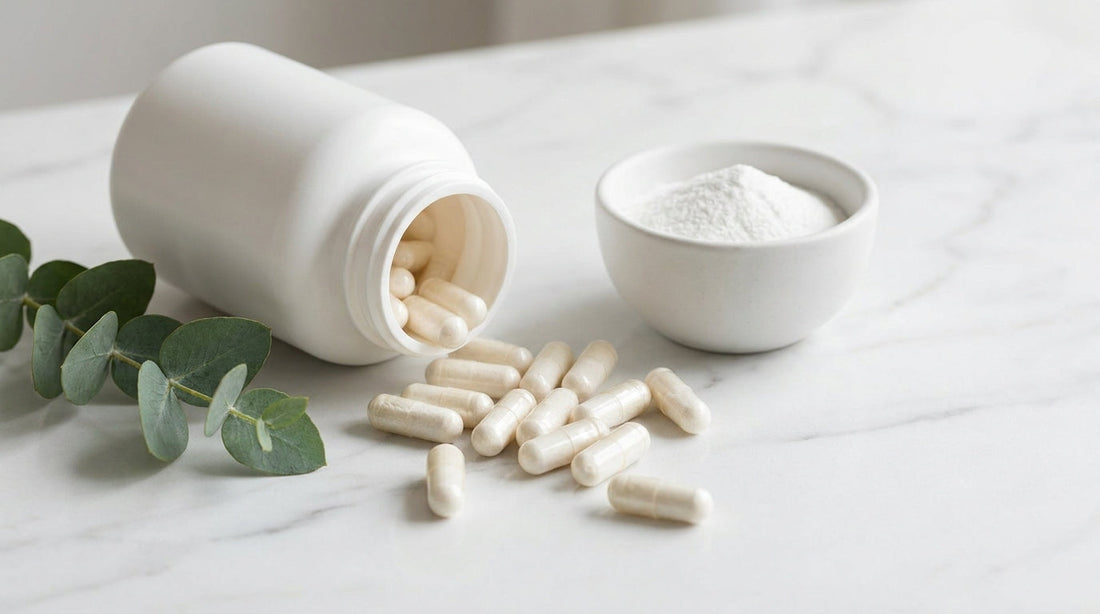Magnesium glycinate capsules and white powder in ceramic bowl on white marble surface