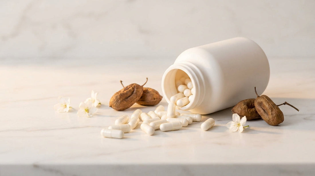 5-HTP supplement capsules from Griffonia simplicifolia on white marble surface
