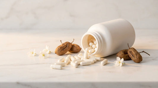 5-HTP supplement capsules from Griffonia simplicifolia on white marble surface