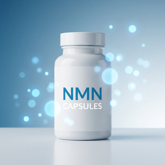 A white oön NMN supplement bottle against a blue gradient background representing cellular energy and longevity