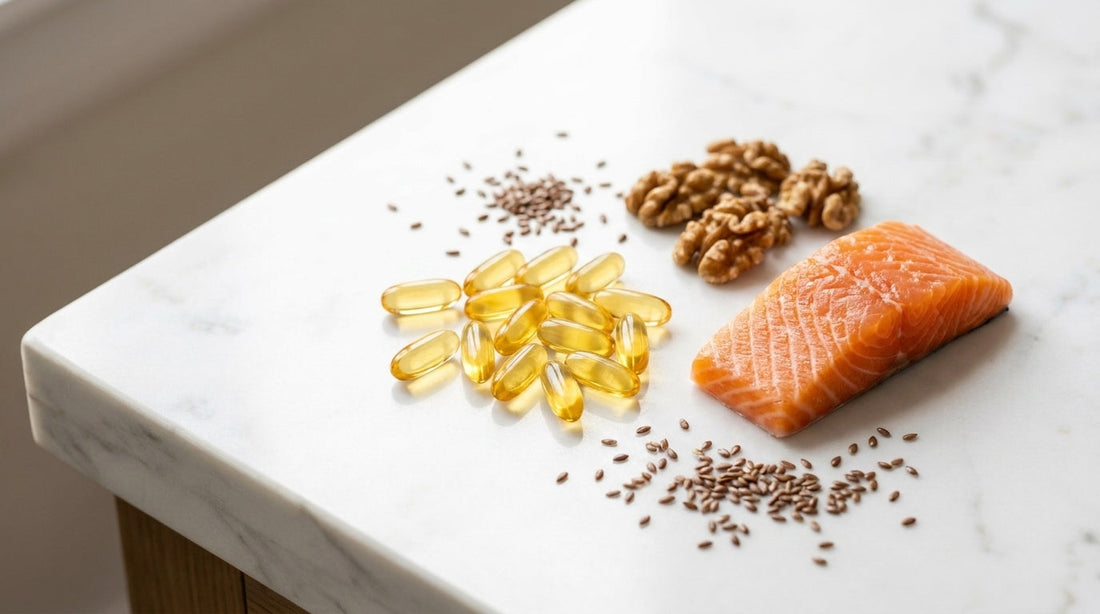 Omega-3 fish oil softgel capsules with fresh salmon, walnuts, and flaxseeds on white marble surface