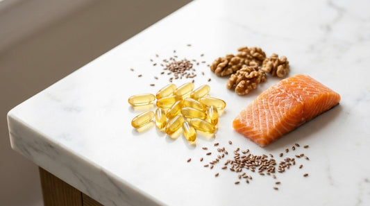 Omega-3 fish oil softgel capsules with fresh salmon, walnuts, and flaxseeds on white marble surface