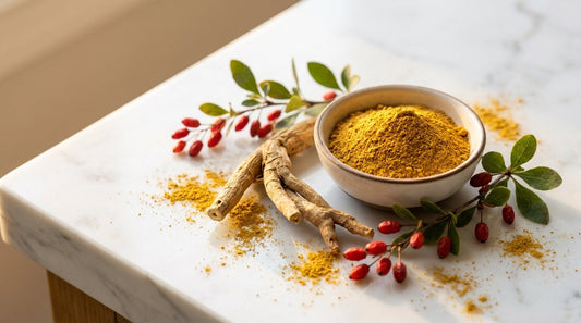 Golden berberine powder in ceramic bowl with barberry sprigs on white marble surface