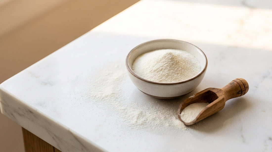 Grass-fed collagen peptides powder in ceramic bowl with wooden scoop on white marble surface