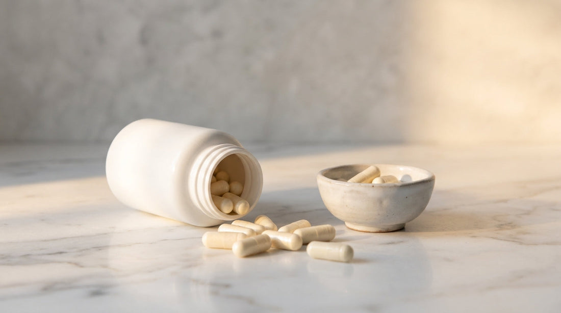 Bovine colostrum supplement capsules in ceramic bowl on white marble surface