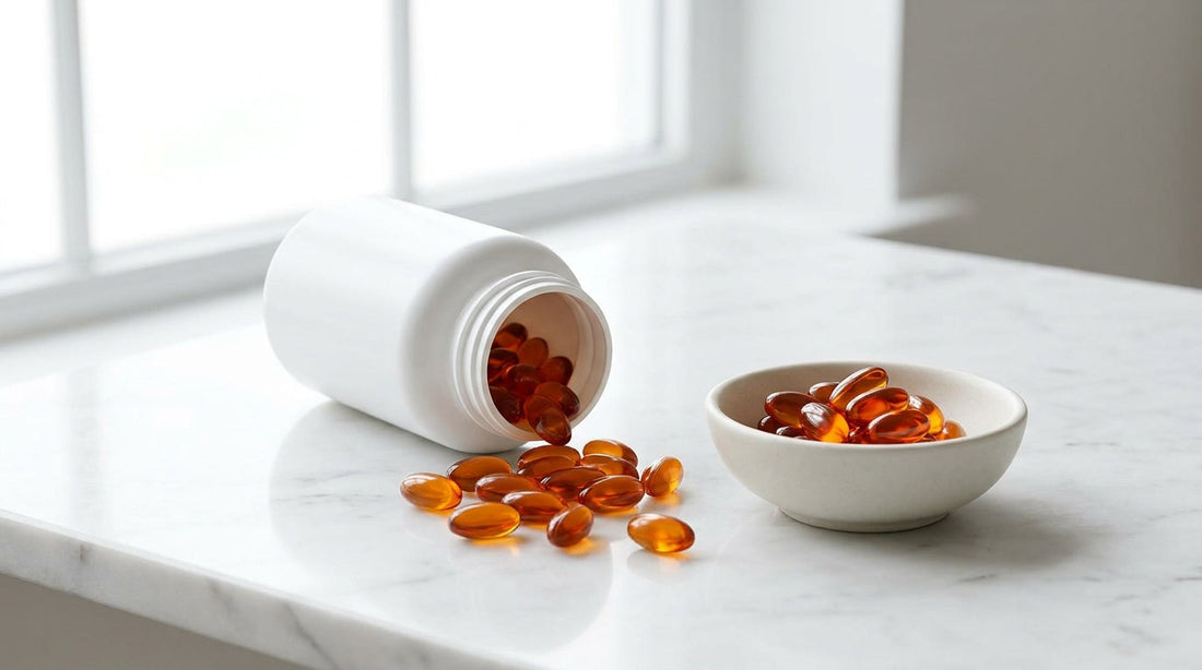 CoQ10 ubiquinone amber softgel capsules in ceramic bowl on white marble surface