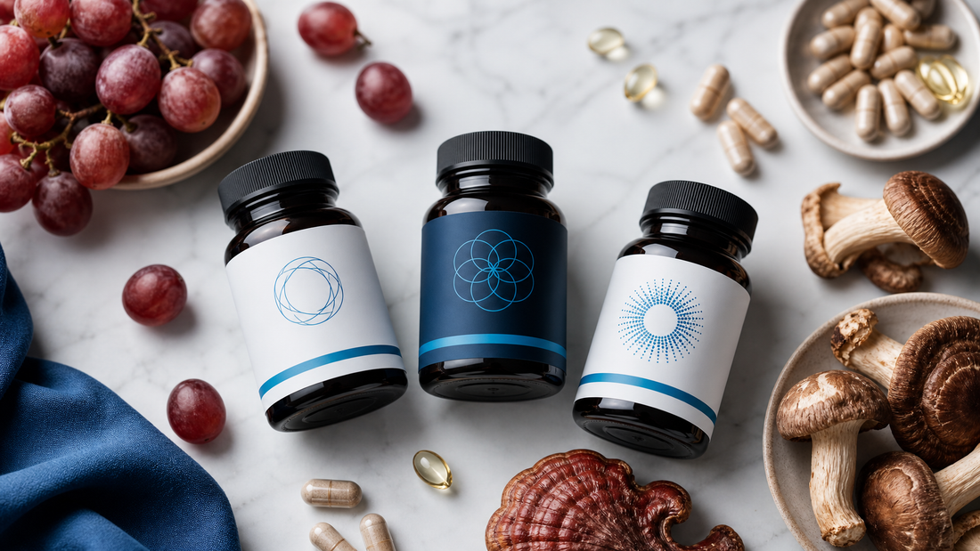 Five oön longevity supplements — NMN, NAD+, Resveratrol, Mushroom Complex, and Multivitamin — arranged on a clean white surface with grapes and mushrooms