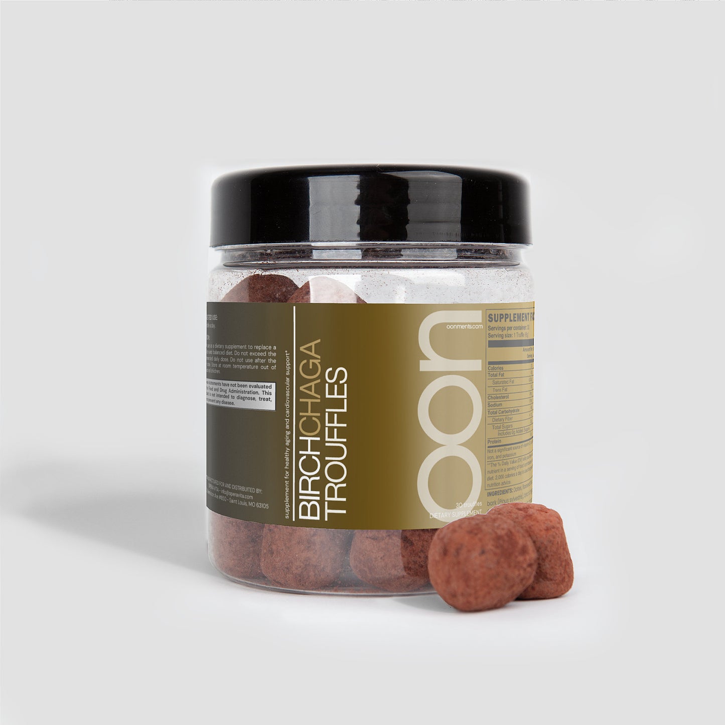 Birch Chaga Truffles in a clear plastic jar with a black lid containing chocolate truffles labeled  by oön Supplements