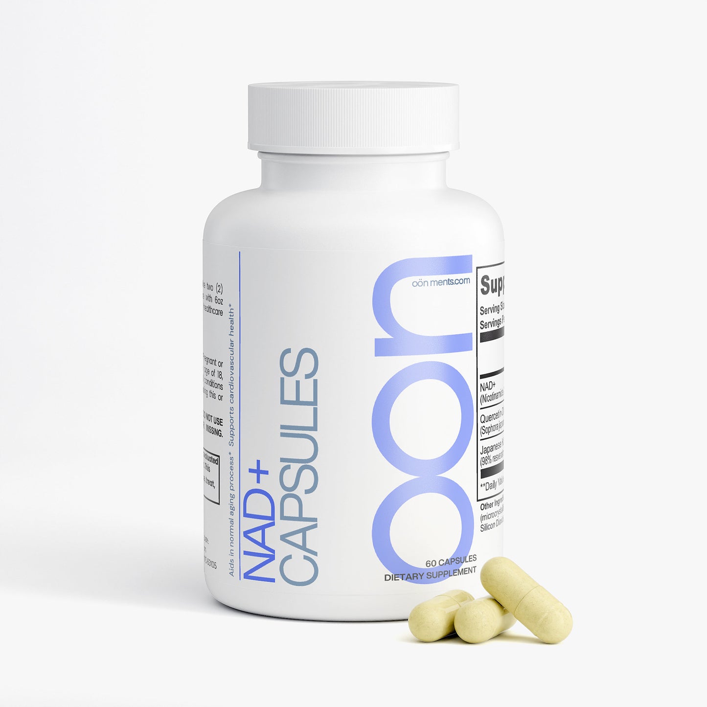 NAD+ supplement bottle with two capsules on a white background by oön Supplements