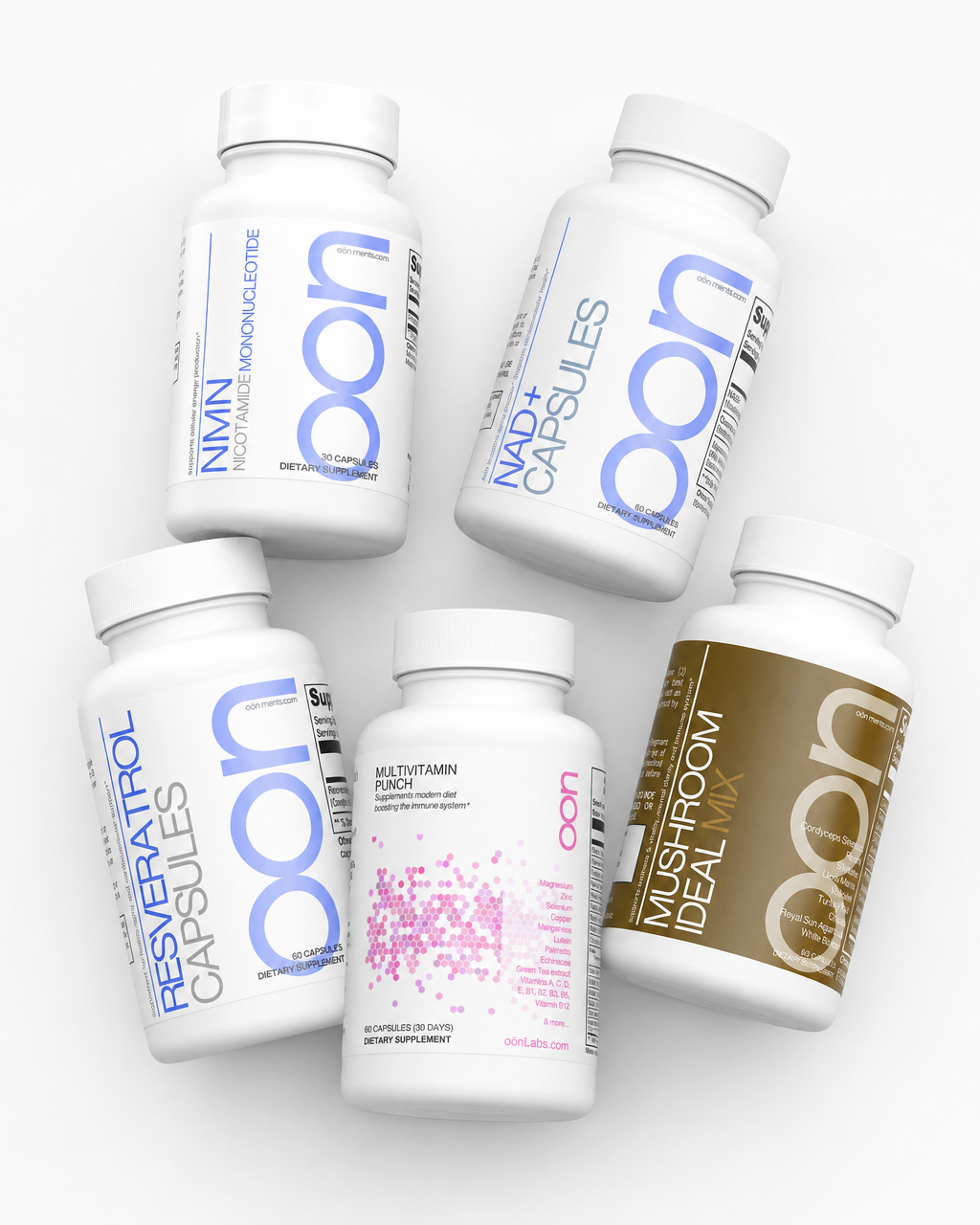 NMN, NAD+, Resveratrol, Mushroom Ideal Mix, and Complete Multivitamin bundle